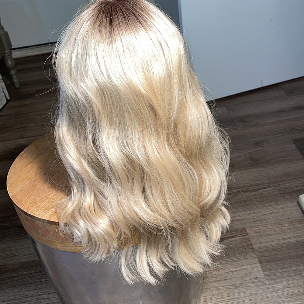 Light beige blonde with medium brown blended root lace front part wig 16”